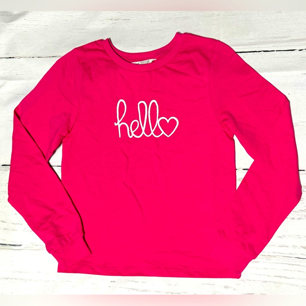 H&M youth girls 8-10Y pink glitter Hello printed long sleeve t-shirt NWT